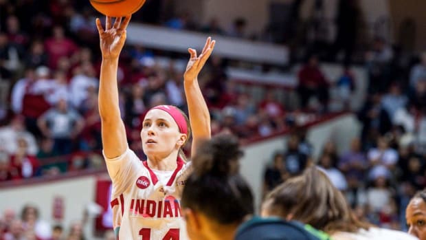 Indiana's Sara Scalia (14) makes a free throw during the second half of the Indiana versus Michigan State women's basketball game at Simon Skjodt Assembly Hall on Thursday, Feb. 8, 2024.